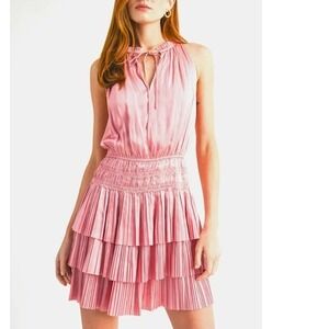RESET by‎ Jane Pink Pleated Tiered Mini Dress Sleeveless Halter Smocked Waist Sm
